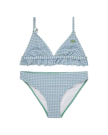 Costum de baie cu doua piese si model in carouri, Alb/Verde/Albastru