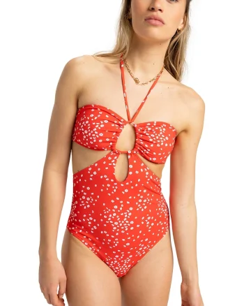 Costum de baie intreg cu model floral si decupaje, Alb/Rosu vermillion