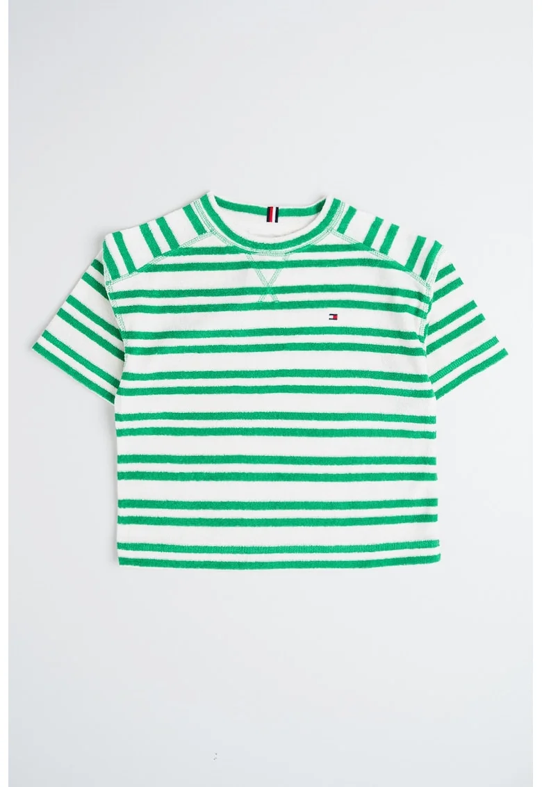 Tricou din amestec de bumbac organic cu dungi, Verde/Alb murdar