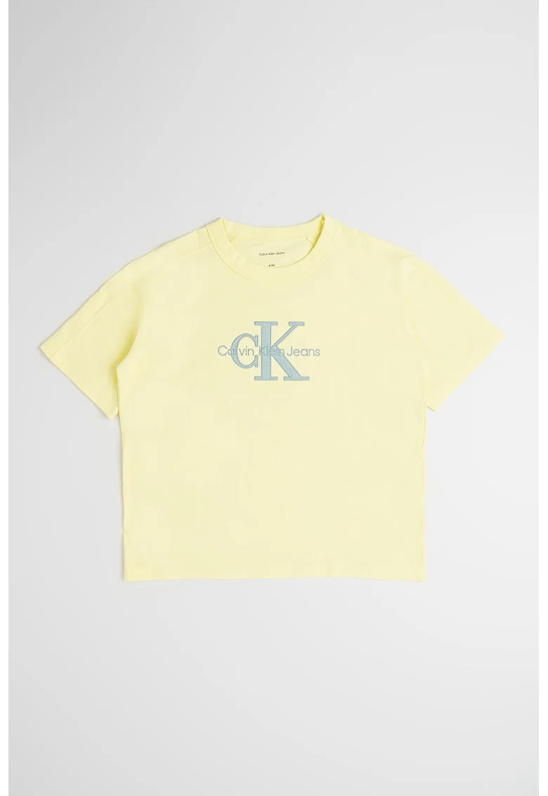 Tricou cu logo si decolteu la baza gatului, Albastru prafuit/Galben pai