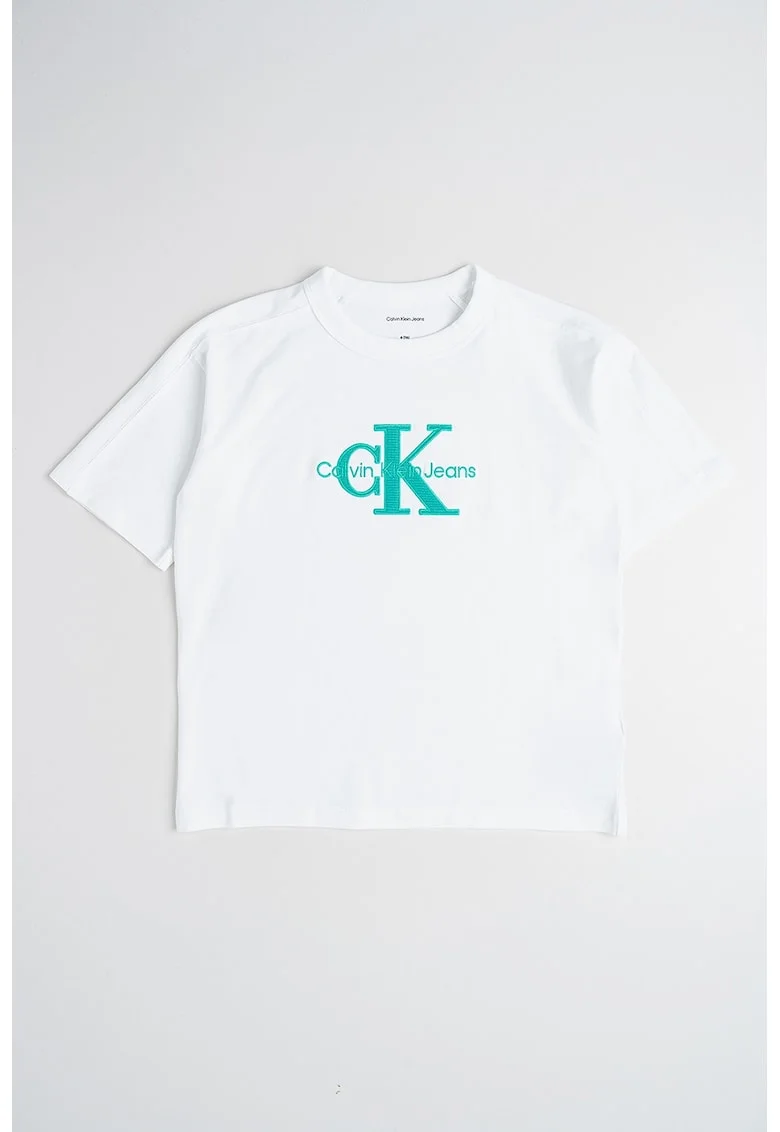 Tricou cu logo si decolteu la baza gatului, Alb/Verde