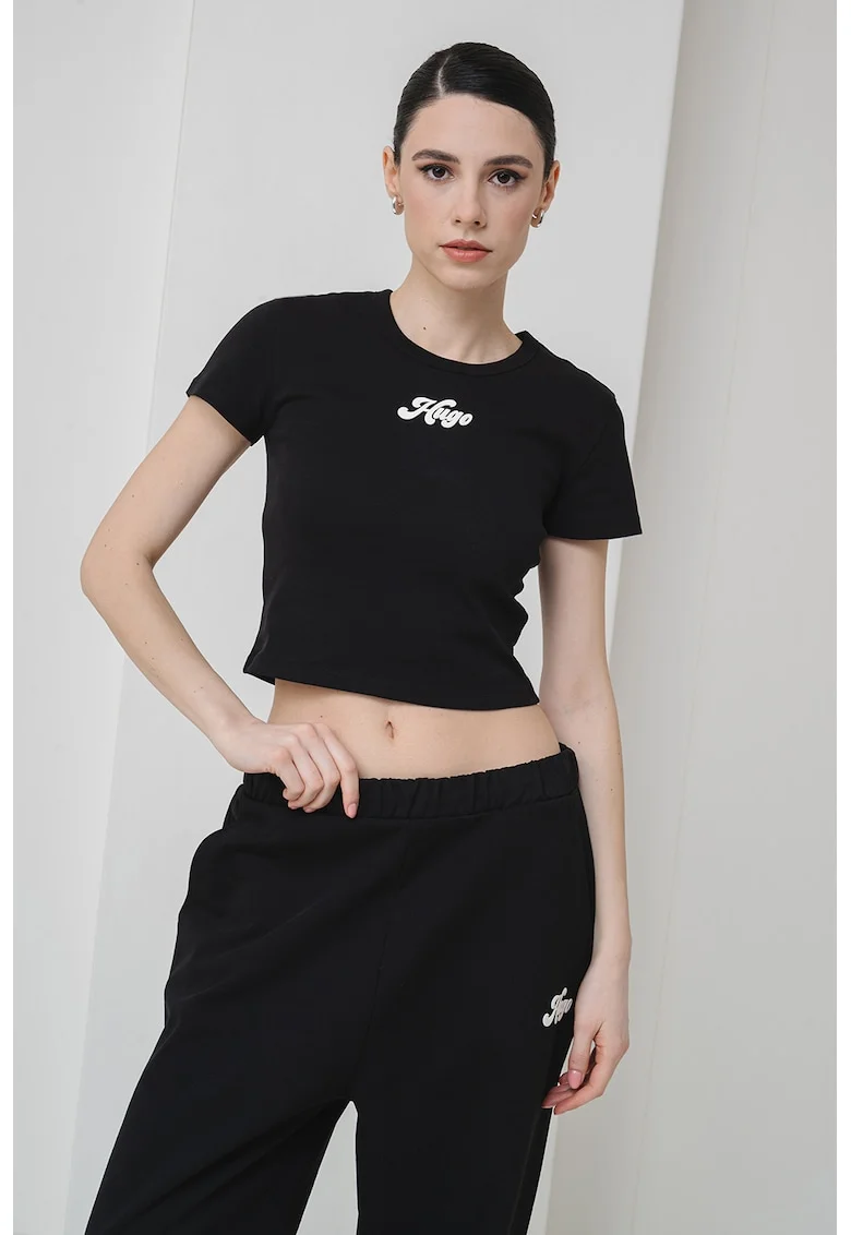 Tricou crop cu imprimeu logo, Alb/Negru stins