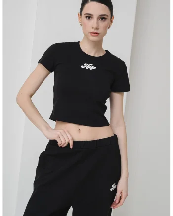 Tricou crop cu imprimeu logo, Alb/Negru stins