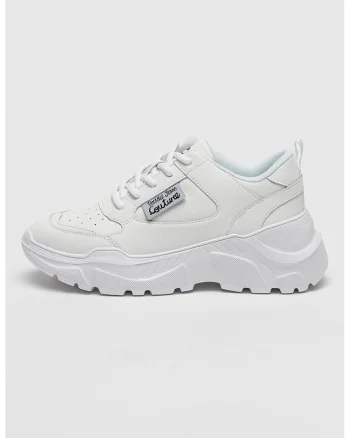 Pantofi sport din piele cu talpa wedge si garnituri din piele ecologica, Alb optic
