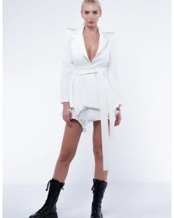 Fusta mini cu volane din matase si inele metalice White