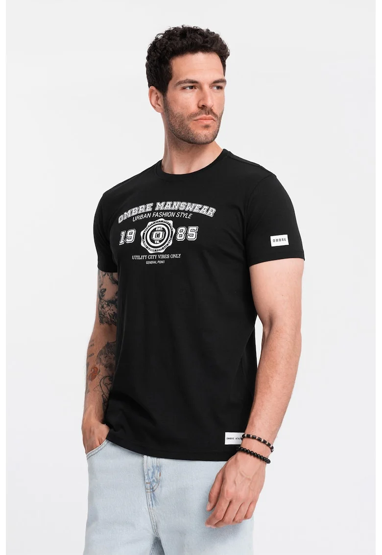 Tricou regular fit din bumbac cu imprimeu text, Negru
