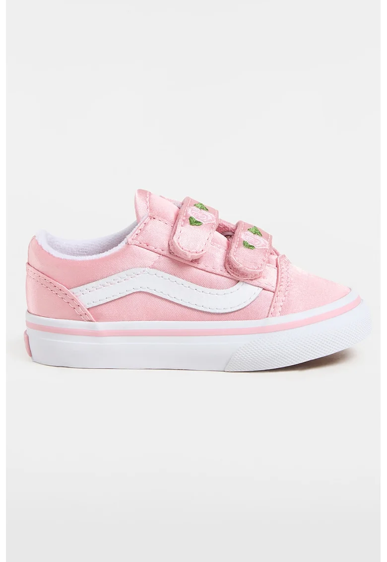 Pantofi sport cu inchidere velcro si detalii cu trandafiri, Alb/Verde/Roz deschis