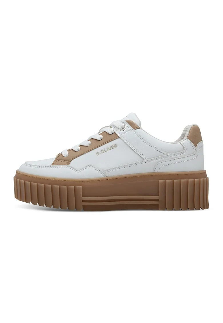 Pantofi sport flatform din piele ecologica, Alb/Maro nisip
