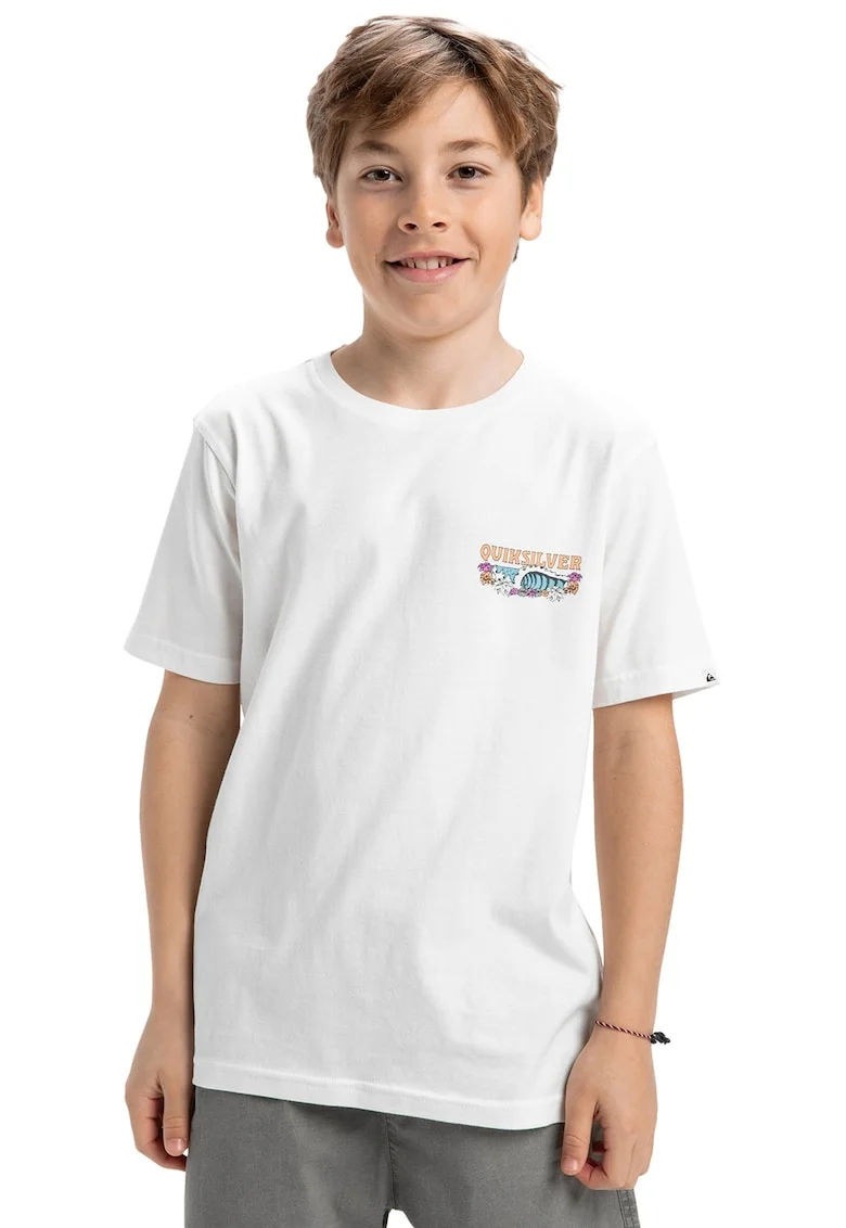 Tricou cu imprimeu si decolteu la baza gatului, Alb/Portocaliu/Albastru