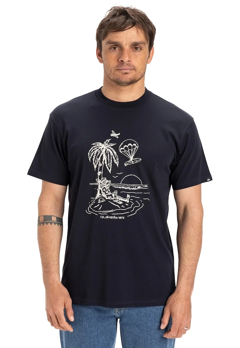 Tricou cu decolteu la baza gatului si imprimeu grafic, Albastru ultramarin/Alb murdar