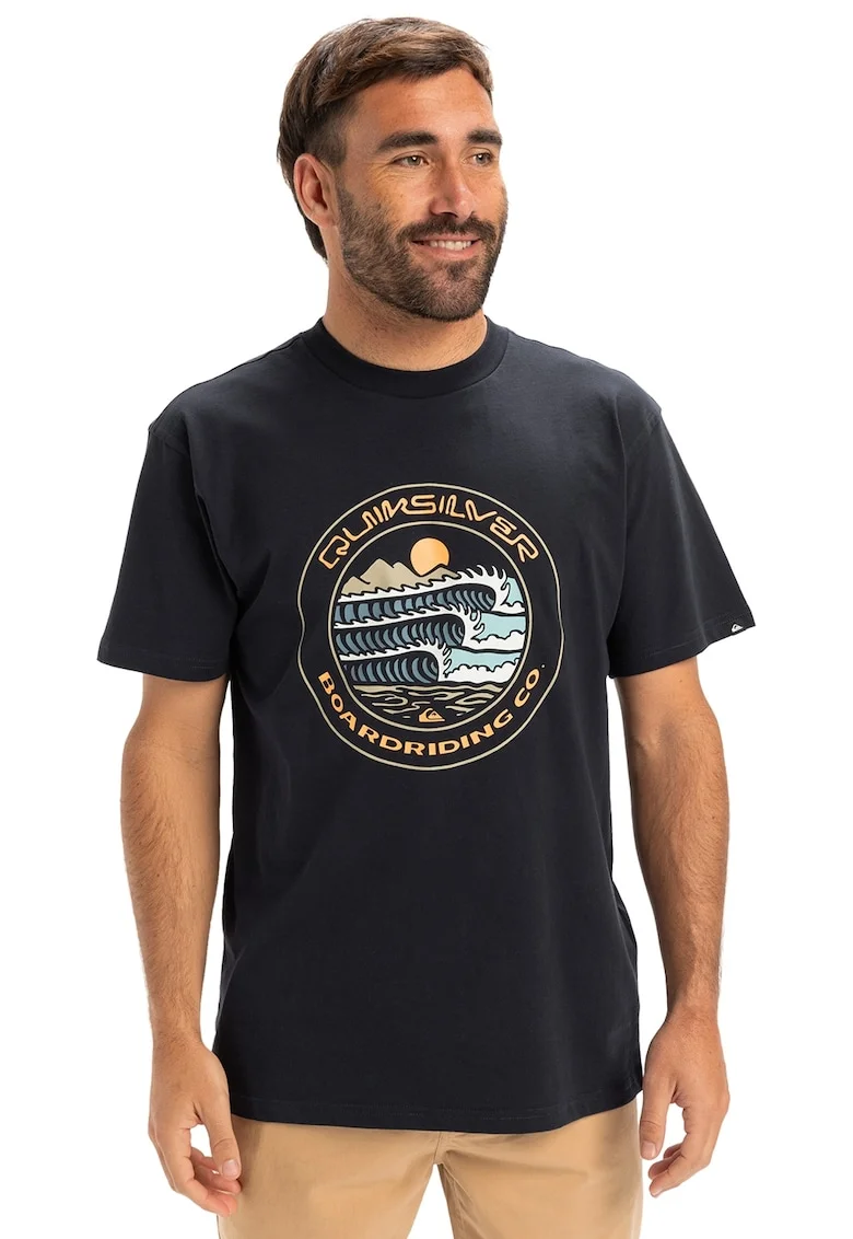 Tricou regular fit cu imprimeu, Negru stins/Portocaliu pal/Albastru