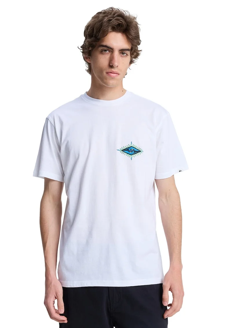 Tricou cu decolteu la baza gatului si imprimeu grafic, Alb/Albastru deschis