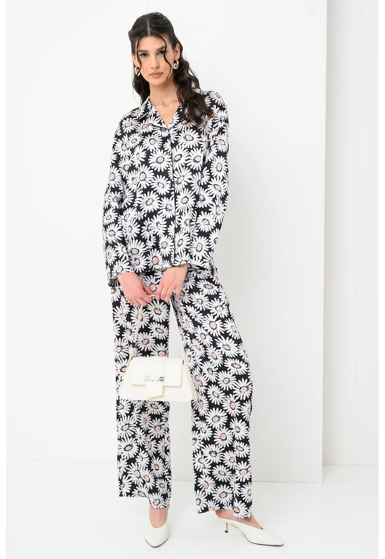 Camasa lejera cu model floral, Alb/Negru/Piersica