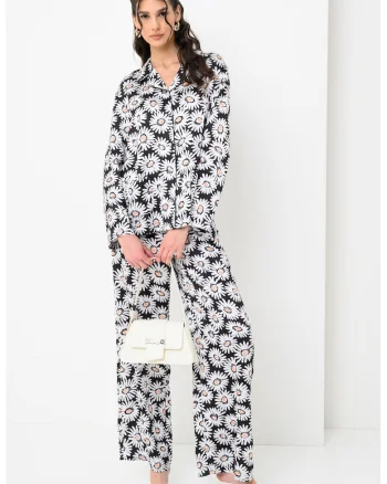 Camasa lejera cu model floral, Alb/Negru/Piersica