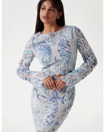 Bluza cu decupaje, Alb/Maro cognac/Albastru lavanda