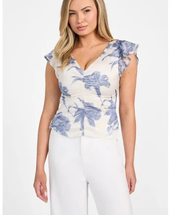 Bluza cu model floral, Alb/Albastru lavanda