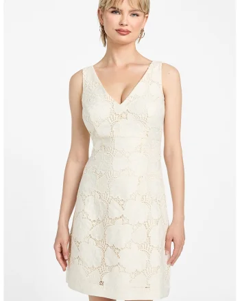 Rochie scurta cu decolteu in V si detalii brodate, Bej/Bej deschis