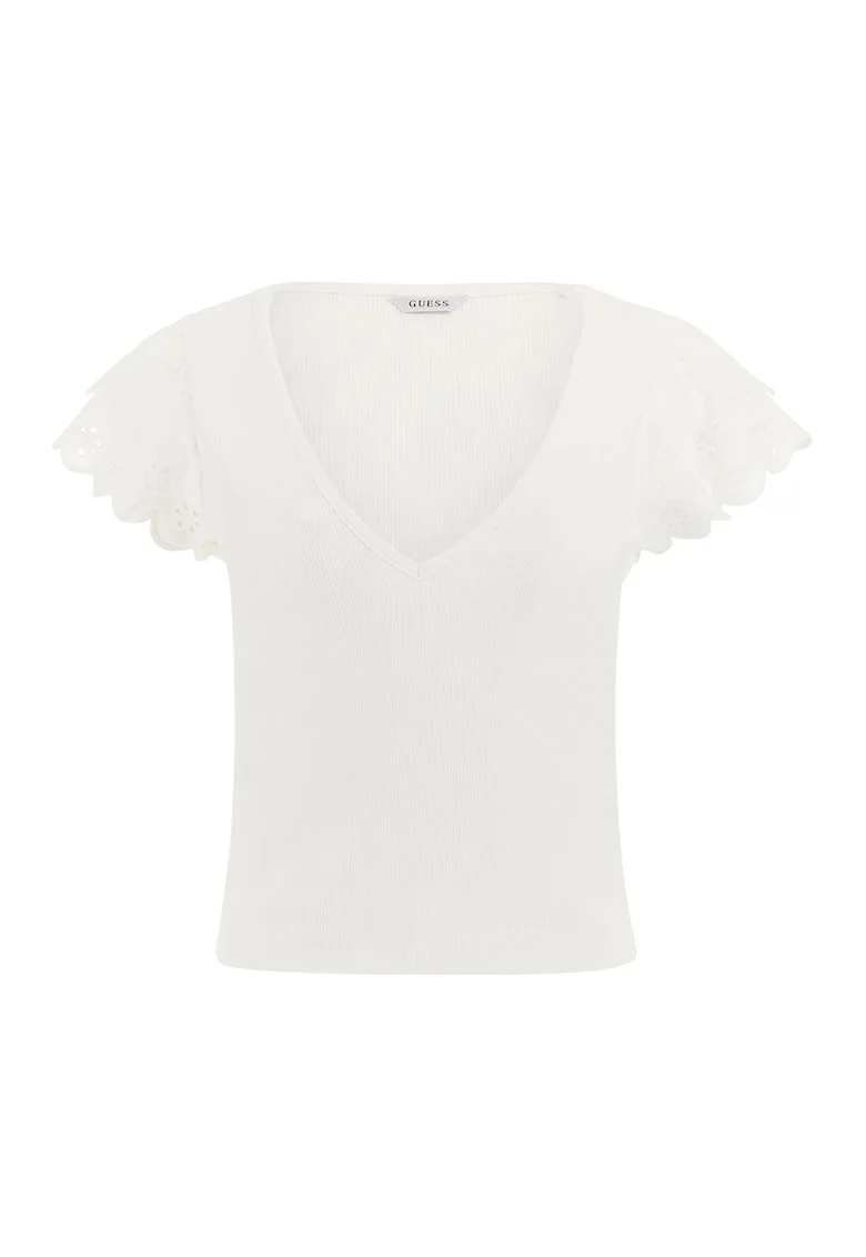 Tricou slim fit cu decolteu in V, Alb murdar