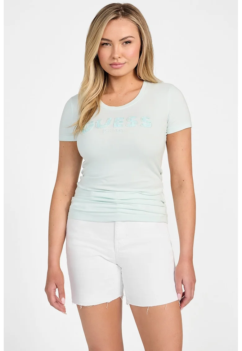 Tricou slim fit cu logo, Albastru aquamarin/Verde pal