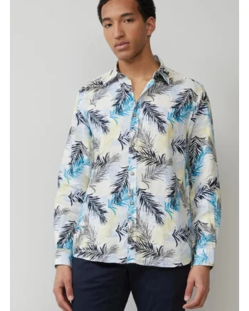 Camasa barbati din in cu imprimeu floral si croiala Regular Fit, Alb, Alb/Negru/Galben/Albastru