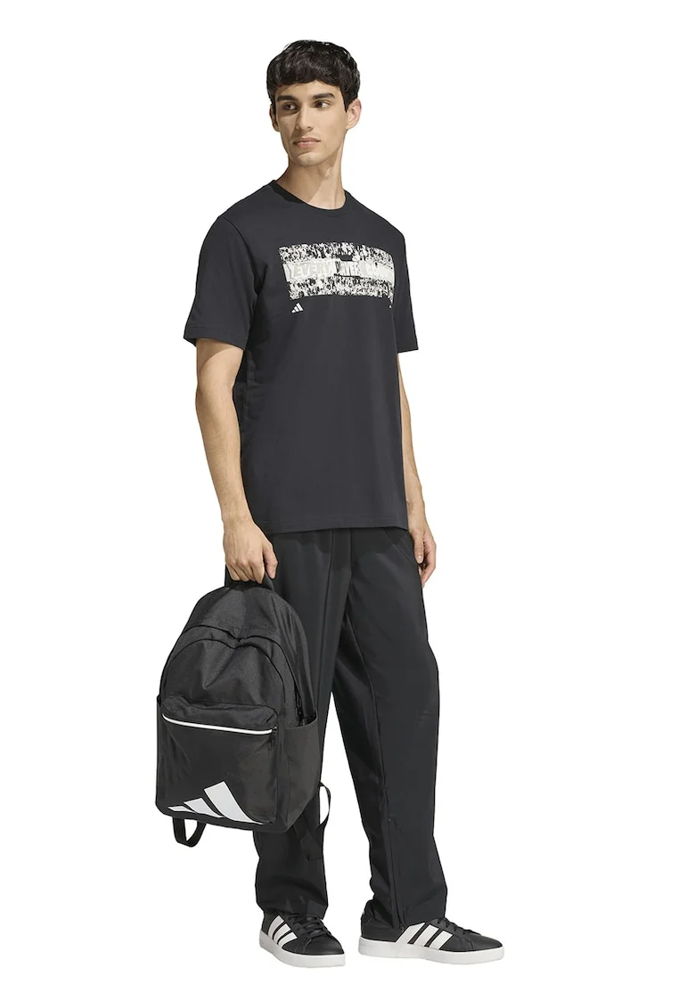 Tricou cu decolteu la baza gatului si imprimeu, Negru/Alb murdar