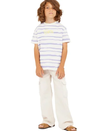 Tricou cu decolteu la baza gatului si model in dungi, Alb fildes/Ametist