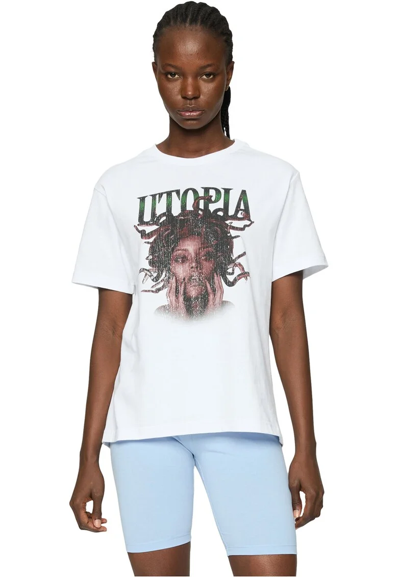Tricou cu design grafic si decolteu la baza gatului, Alb/Maro inchis/Verde inchis
