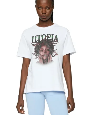 Tricou cu design grafic si decolteu la baza gatului, Alb/Maro inchis/Verde inchis