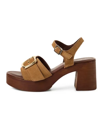 Sandale din piele intoarsa cu toc si catarama, Caramel