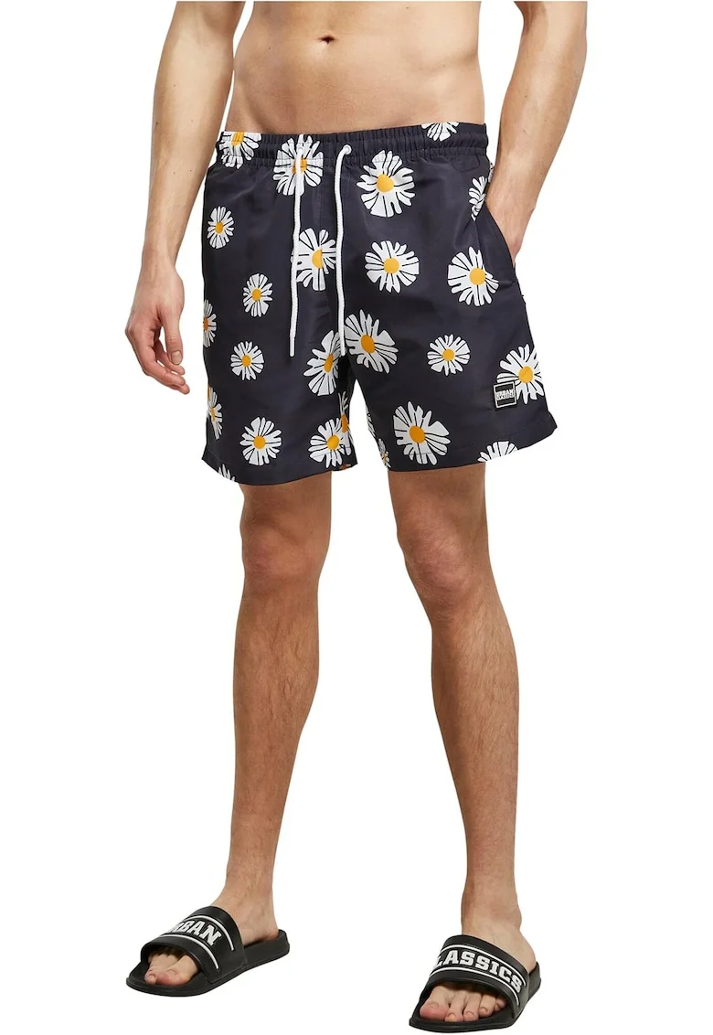 Pantaloni scurti de baie cu model si buzunare laterale, Alb/Galben/Gri antracit
