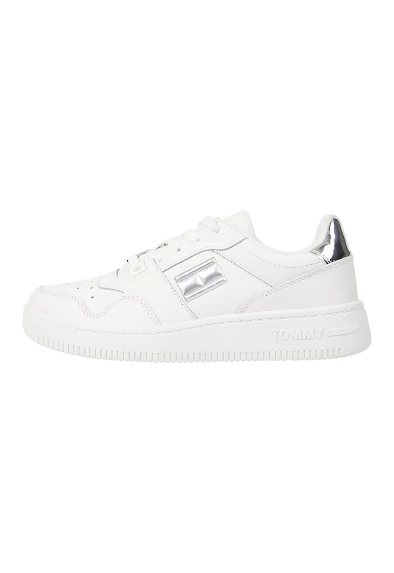 Pantofi sport de piele cu aplicatie logo, Alb/Argintiu