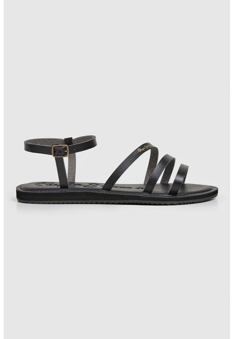 Sandale de piele ecologica cu logo discret, Negru/Negru stins