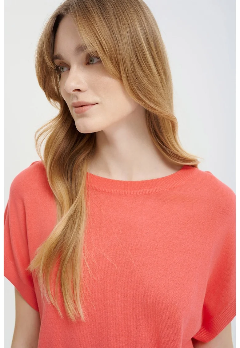 Pulover tricotat fin cu maneci scurte, Coral