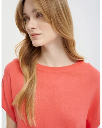 Pulover tricotat fin cu maneci scurte, Coral