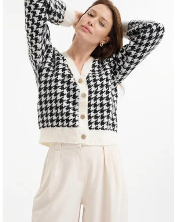 Cardigan cu decolteu in V si model houndstooth, Negru/Crem