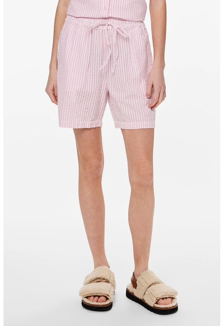 Pantaloni scurti de bumbac cu model in dungi, Alb/Roz