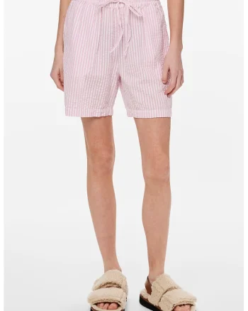 Pantaloni scurti de bumbac cu model in dungi, Alb/Roz