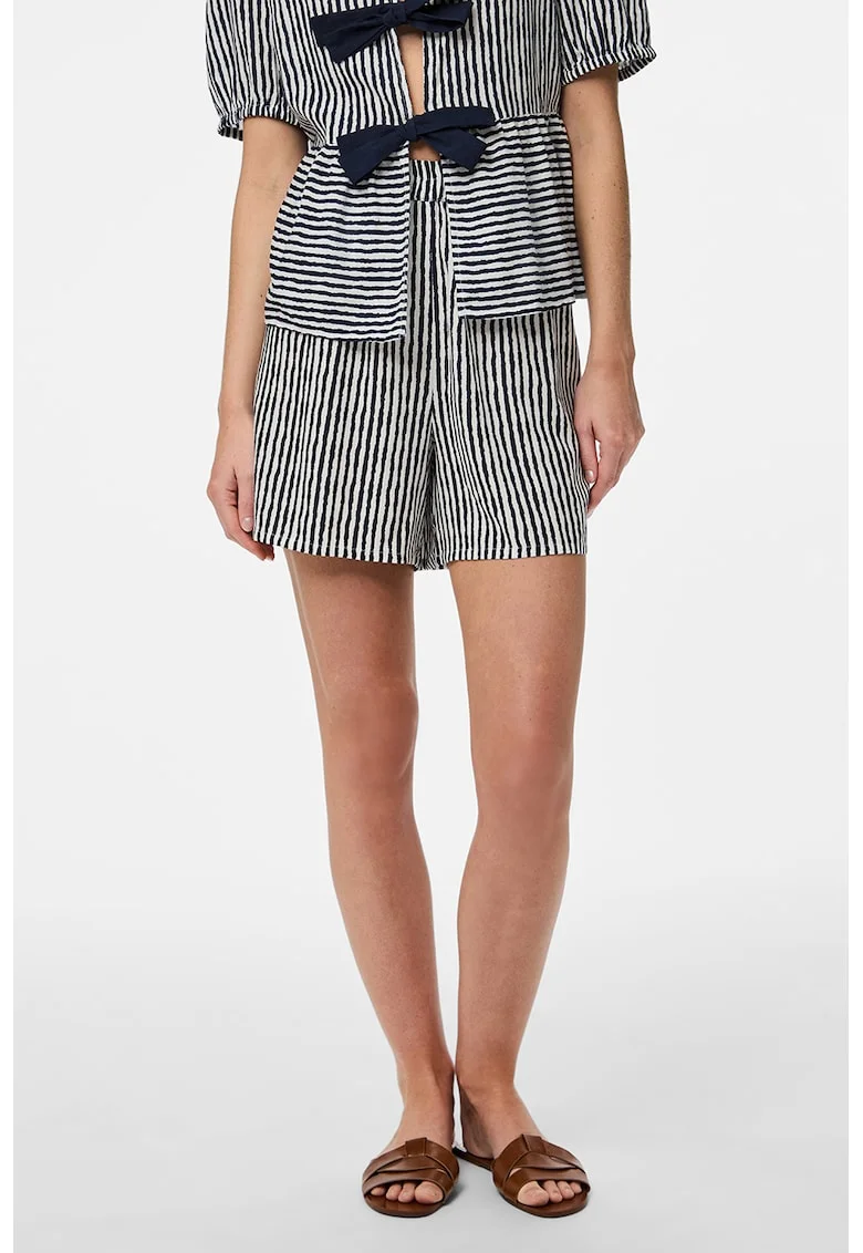 Pantaloni scurti cu model in dungi si talie inalta, Alb/Negru