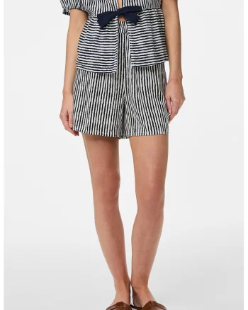 Pantaloni scurti cu model in dungi si talie inalta, Alb/Negru