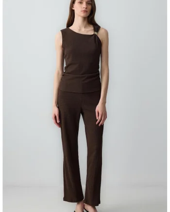 Pantaloni texturati cu talie inalta, Maro cognac