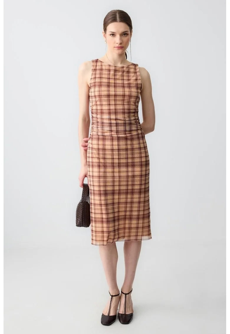 Rochie midi cu imprimeu in carouri, Visiniu/Portocaliu deschis