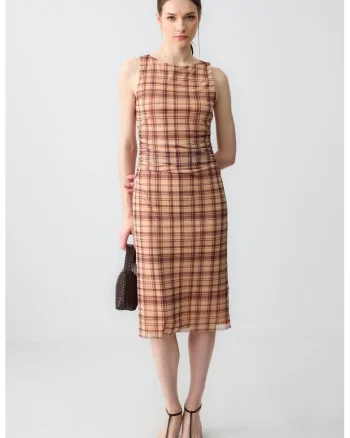 Rochie midi cu imprimeu in carouri, Visiniu/Portocaliu deschis