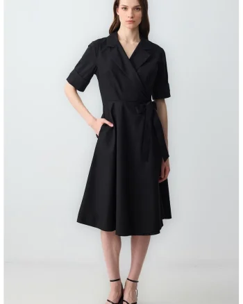 Rochie midi de bumbac cu decolteu in V, Negru