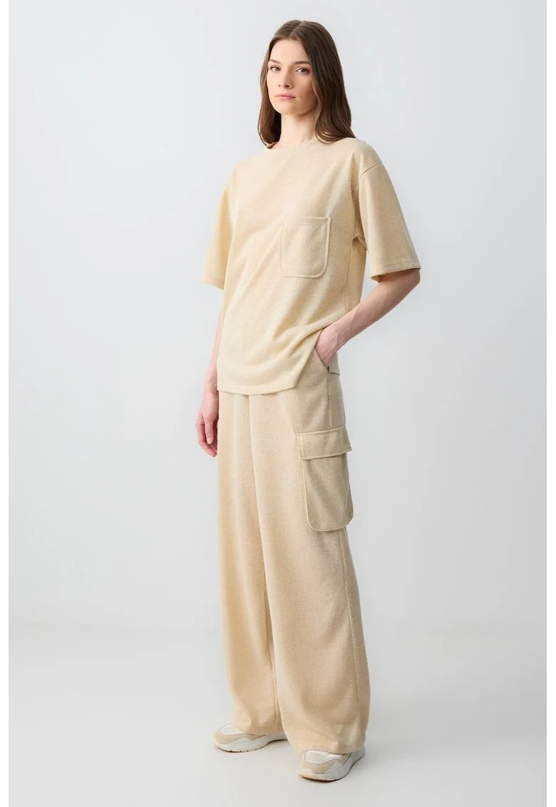 Pantaloni cargo de trening cu croiala ampla, Bej deschis