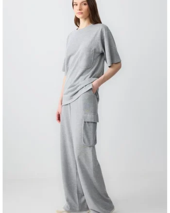 Pantaloni cargo de trening cu croiala ampla, Gri melange