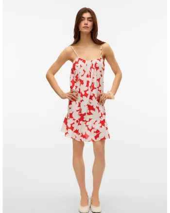 Rochie mini cu model floral si terminatie cu volane, Rosu/Alb