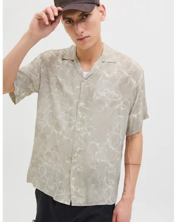 Camasa cu maneci scurte si model, Alb/Maro taupe