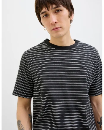 Tricou cu model in dungi si decolteu la baza gatului, Negru/Gri