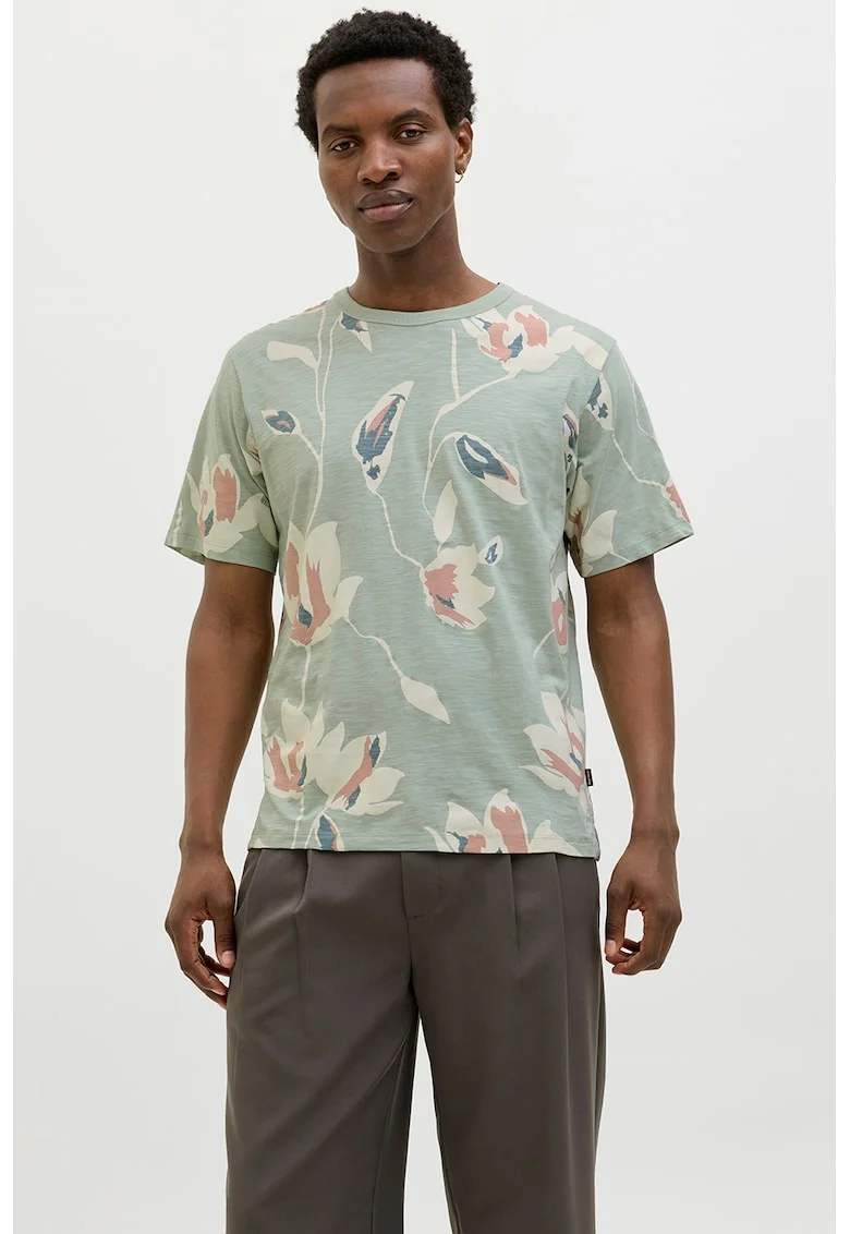 Tricou cu decolteu la baza gatului si imprimeu, Alb fildes/Caramiziu/Verde deschis