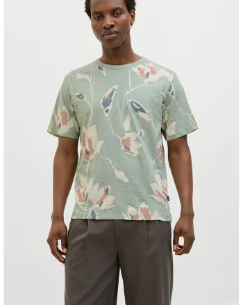 Tricou cu decolteu la baza gatului si imprimeu, Alb fildes/Caramiziu/Verde deschis